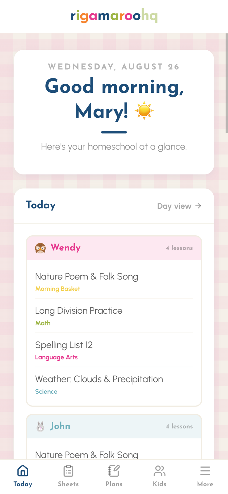 The Rigamaroo dashboard on a phone: good-morning greeting, today's lessons for each student, and the tab bar